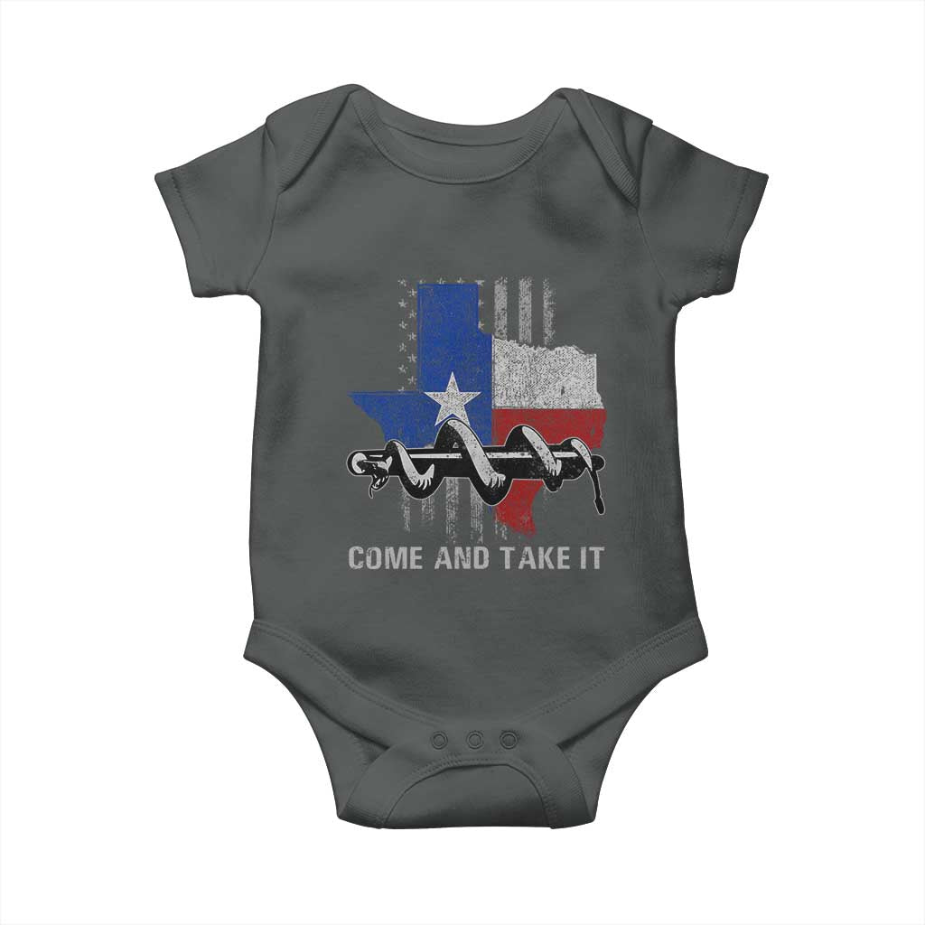 History Of Texas Baby Onesie Come And Take It Gonzales Texas Map American Flag TS11 Dark Heather Print Your Wear
