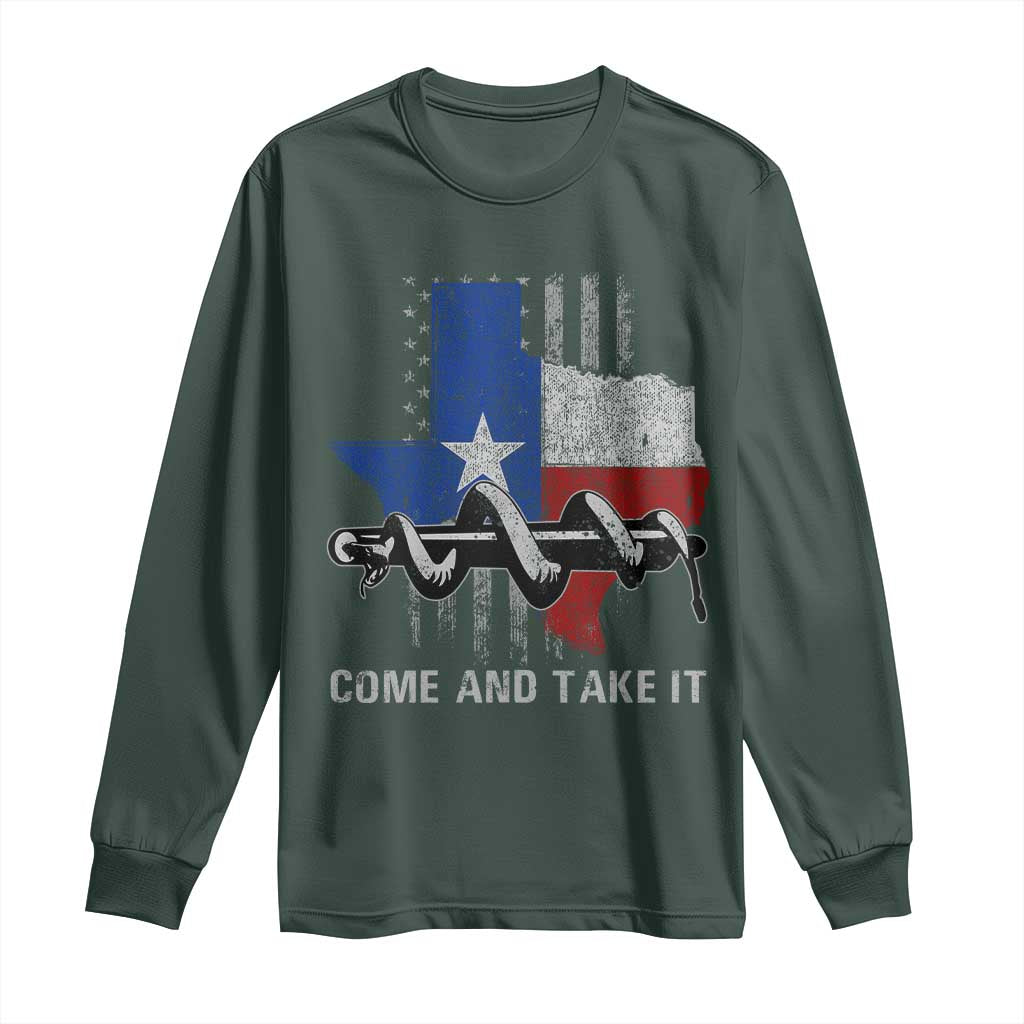 History Of Texas Long Sleeve Shirt Come And Take It Gonzales Texas Map American Flag TS11 Dark Forest Green Print Your Wear