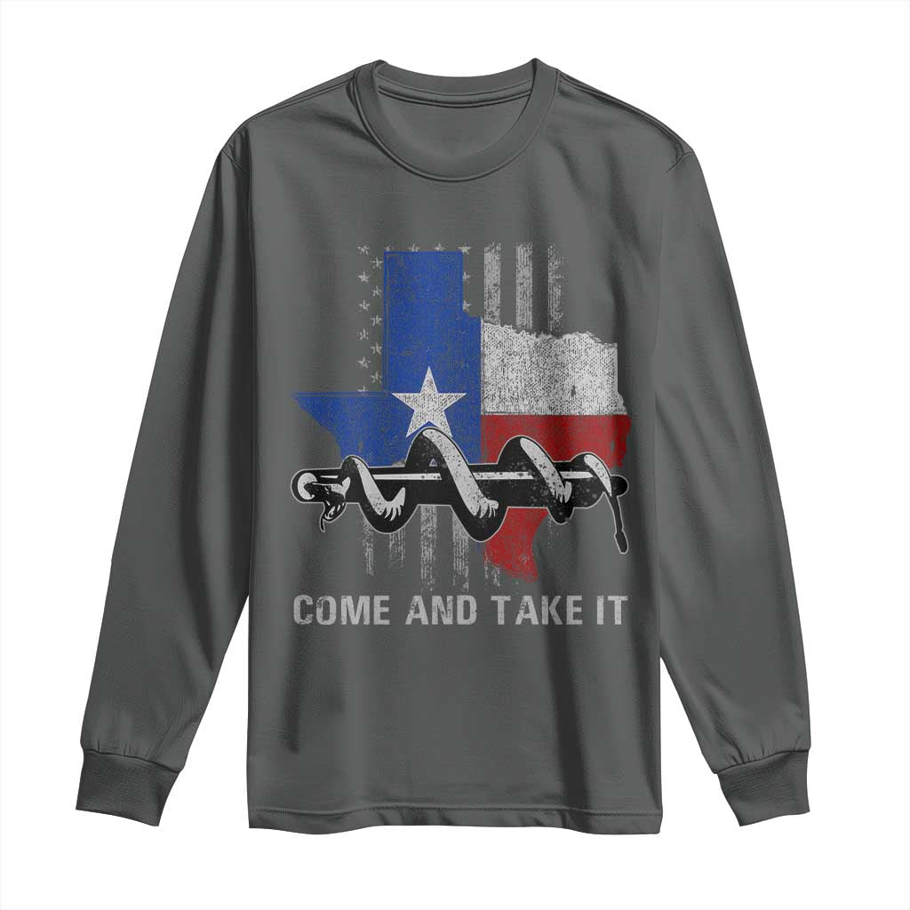 History Of Texas Long Sleeve Shirt Come And Take It Gonzales Texas Map American Flag TS11 Dark Heather Print Your Wear