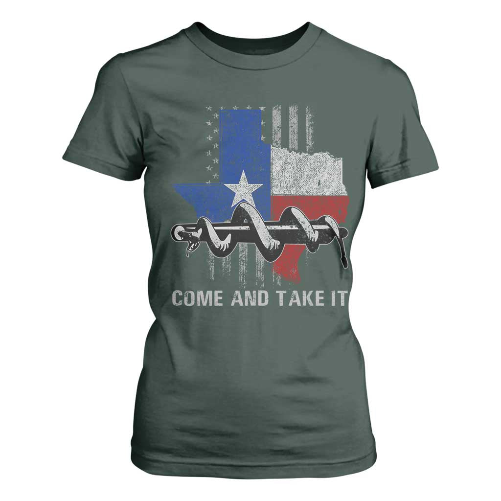 History Of Texas T Shirt For Women Come And Take It Gonzales Texas Map American Flag TS11 Dark Forest Green Print Your Wear