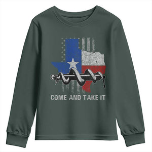 History Of Texas Youth Sweatshirt Come And Take It Gonzales Texas Map American Flag TS11 Dark Forest Green Print Your Wear