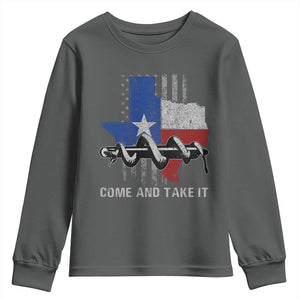History Of Texas Youth Sweatshirt Come And Take It Gonzales Texas Map American Flag TS11 Dark Heather Print Your Wear