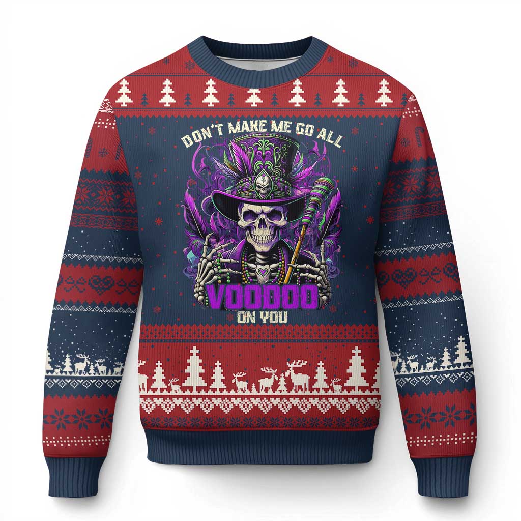 Funny Mardi Gras Voodoo Ugly Christmas Sweater Don't Make Me Go All Voodoo On You New Orleans Witch Doctor TS11 Navy Red Print Your Wear