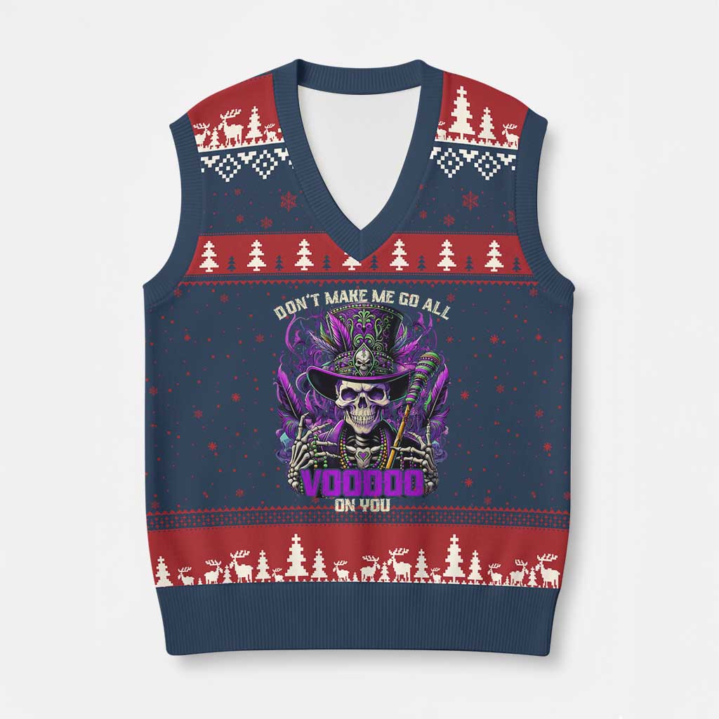 Funny Mardi Gras Voodoo V-Neck Knit Sweater Vest Don't Make Me Go All Voodoo On You New Orleans Witch Doctor TS11 Navy Red Print Your Wear