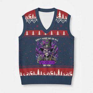 Funny Mardi Gras Voodoo V-Neck Knit Sweater Vest Don't Make Me Go All Voodoo On You New Orleans Witch Doctor TS11 Navy Red Print Your Wear