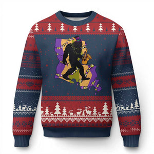 Funny Bigfoot Mardi Gras Louisiana Map Jazz Music Ugly Christmas Sweater TS11 Navy Red Print Your Wear