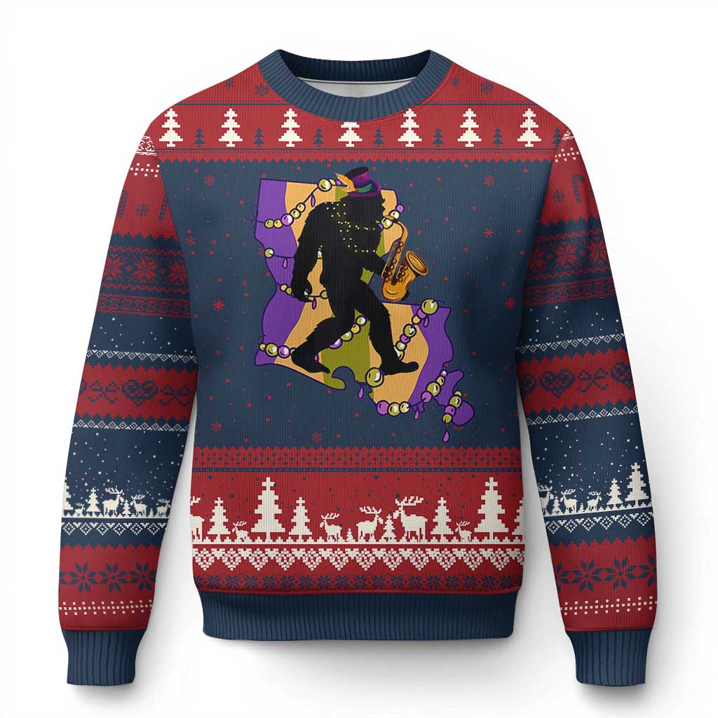 Funny Bigfoot Mardi Gras Louisiana Map Jazz Music Ugly Christmas Sweater TS11 Navy Red Print Your Wear