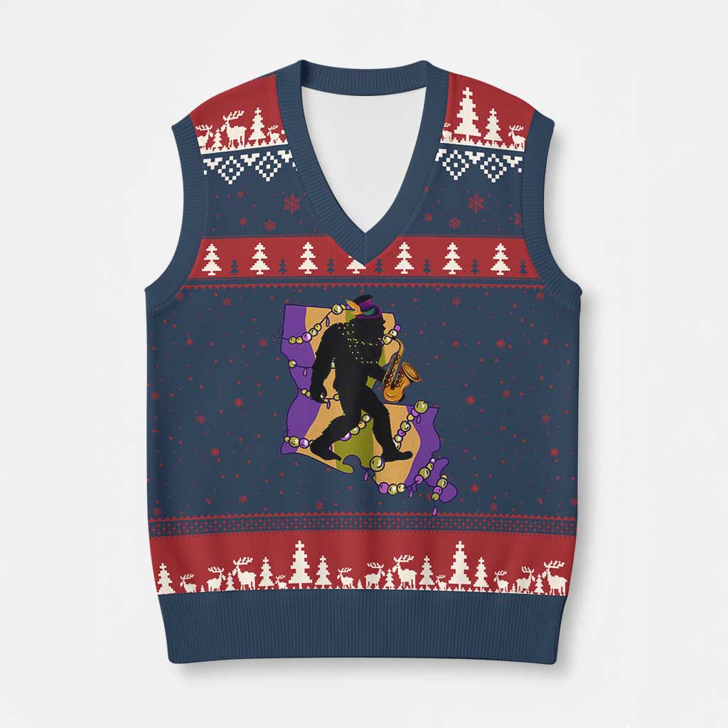 Funny Bigfoot Mardi Gras Louisiana Map Jazz Music V-Neck Knit Sweater Vest TS11 Navy Red Print Your Wear