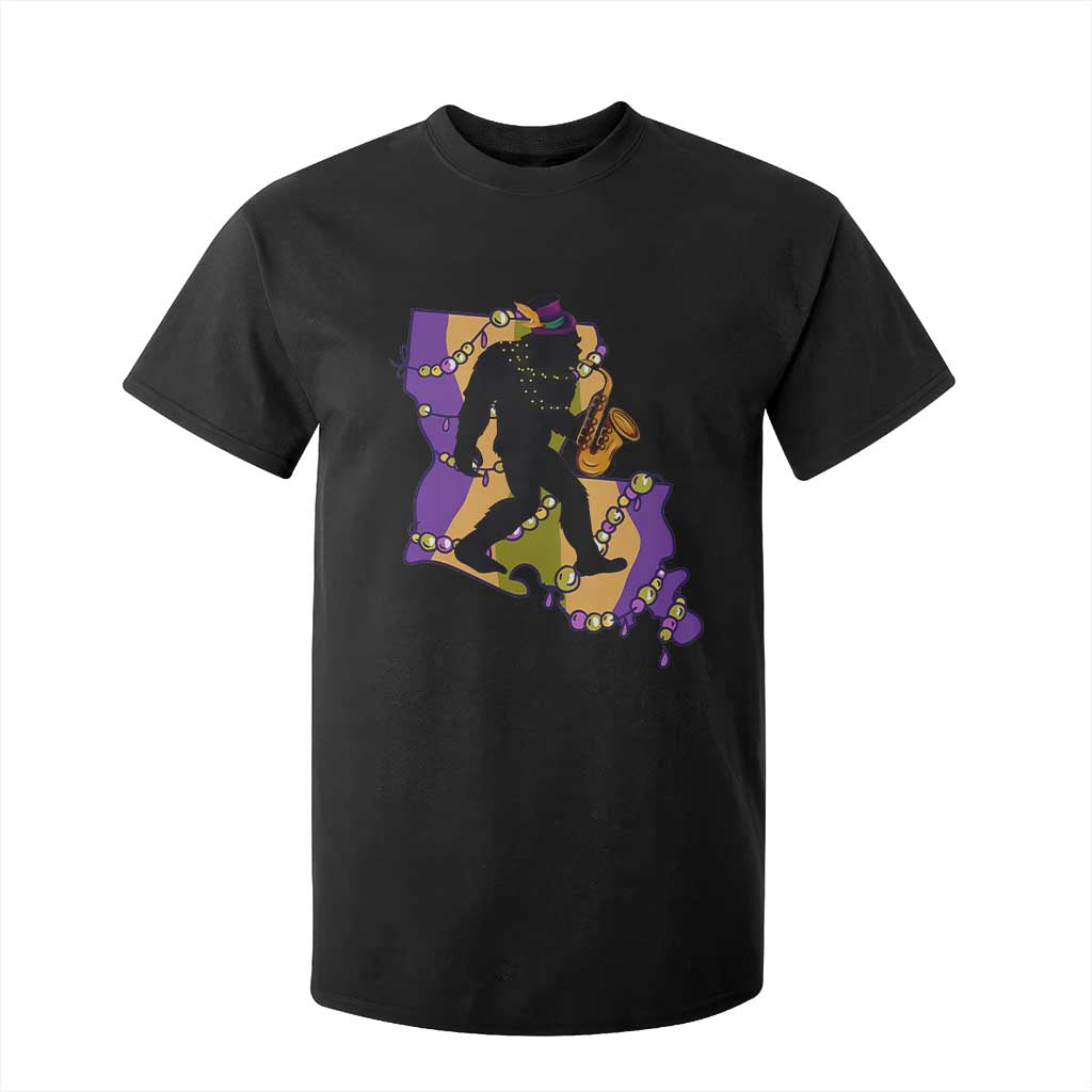 Funny Bigfoot Mardi Gras Louisiana Map Jazz Music T Shirt For Kid TS11 Black Print Your Wear