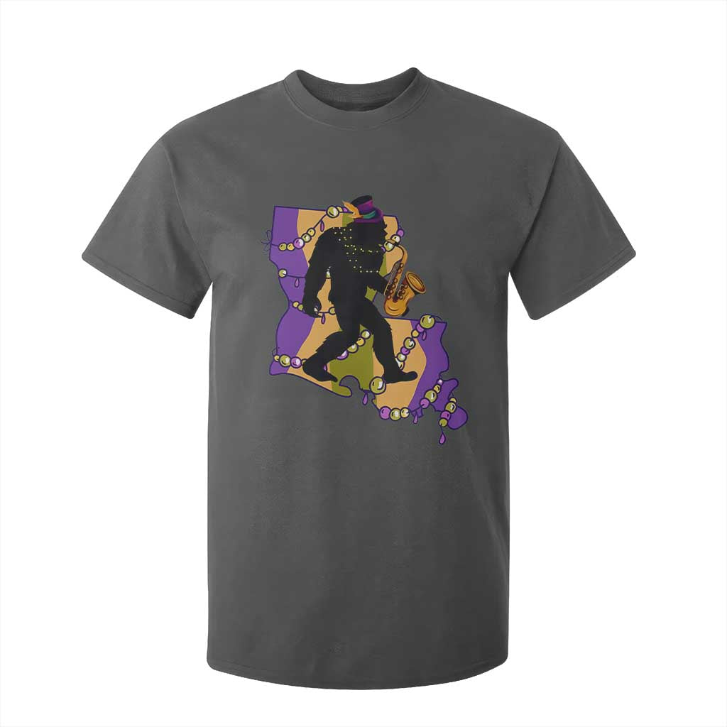 Funny Bigfoot Mardi Gras Louisiana Map Jazz Music T Shirt For Kid TS11 Dark Heather Print Your Wear