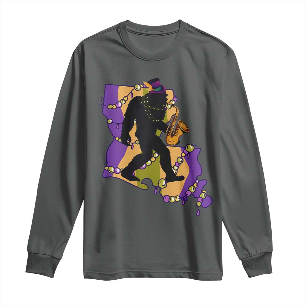 Funny Bigfoot Mardi Gras Louisiana Map Jazz Music Long Sleeve Shirt TS11 Dark Heather Print Your Wear