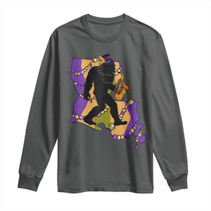 Funny Bigfoot Mardi Gras Louisiana Map Jazz Music Long Sleeve Shirt TS11 Dark Heather Print Your Wear