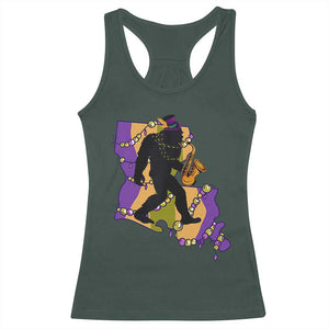 Funny Bigfoot Mardi Gras Louisiana Map Jazz Music Racerback Tank Top TS11 Dark Forest Green Print Your Wear