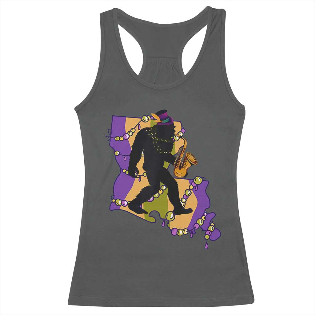 Funny Bigfoot Mardi Gras Louisiana Map Jazz Music Racerback Tank Top TS11 Dark Heather Print Your Wear