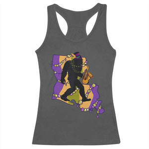 Funny Bigfoot Mardi Gras Louisiana Map Jazz Music Racerback Tank Top TS11 Dark Heather Print Your Wear
