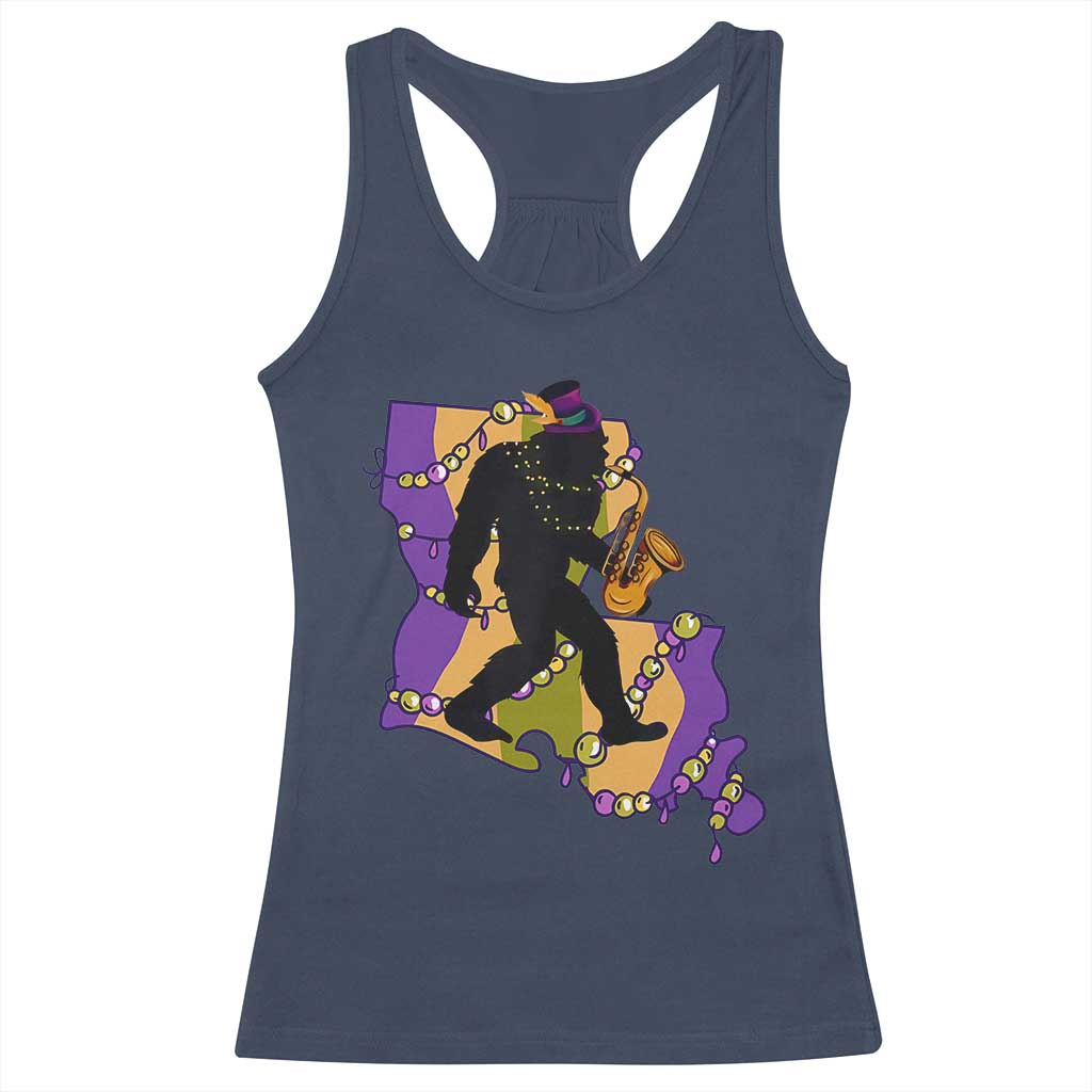 Funny Bigfoot Mardi Gras Louisiana Map Jazz Music Racerback Tank Top TS11 Navy Print Your Wear