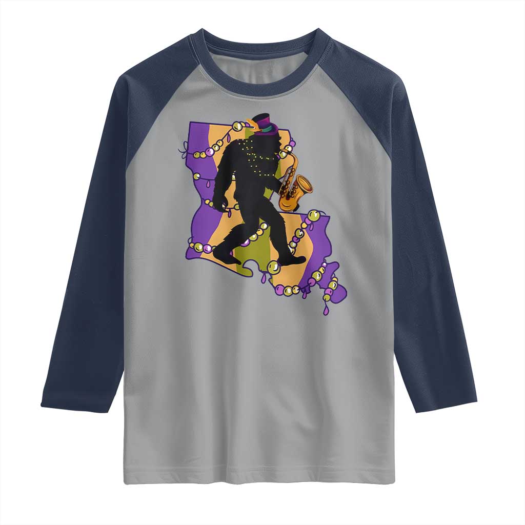 Funny Bigfoot Mardi Gras Louisiana Map Jazz Music Raglan Shirt TS11 Sport Gray Navy Print Your Wear
