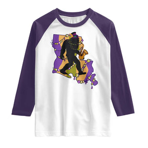 Funny Bigfoot Mardi Gras Louisiana Map Jazz Music Raglan Shirt TS11 White Purple Print Your Wear