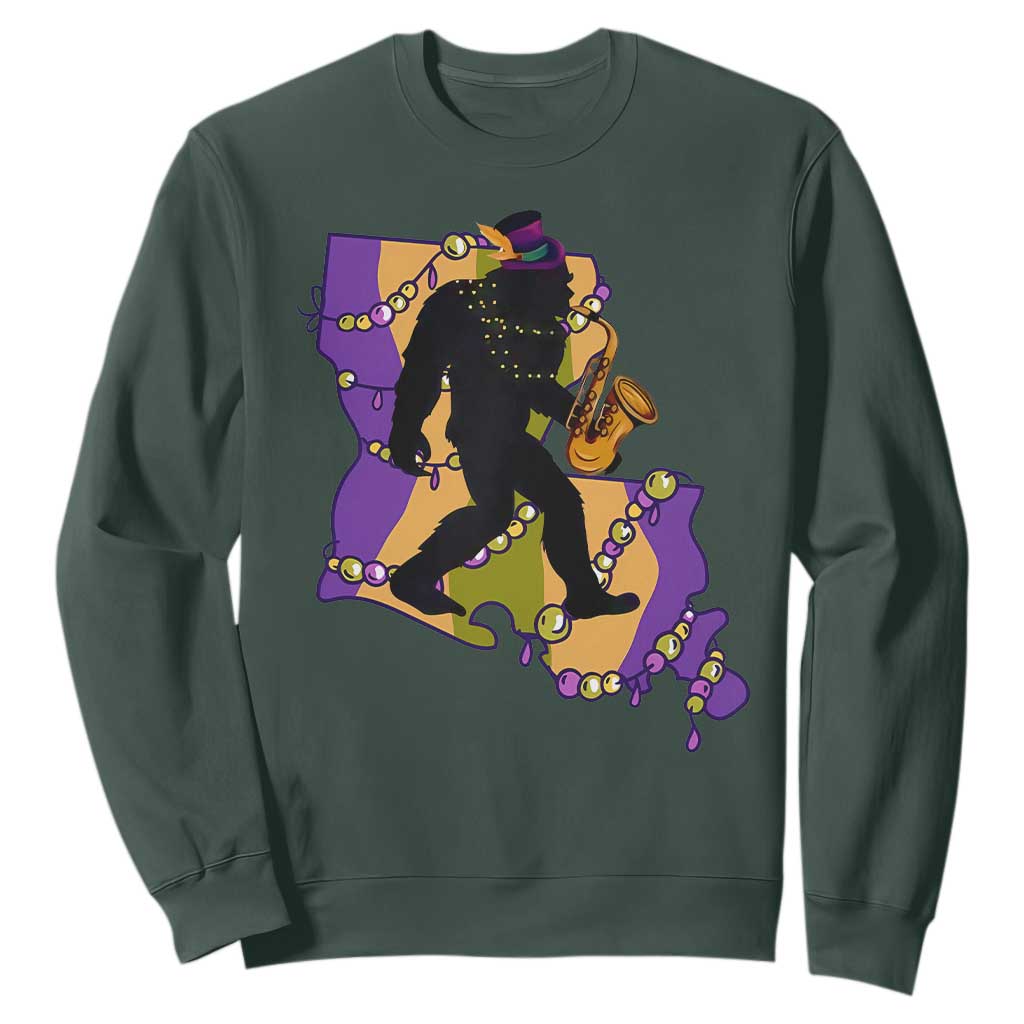 Funny Bigfoot Mardi Gras Louisiana Map Jazz Music Sweatshirt TS11 Dark Forest Green Print Your Wear