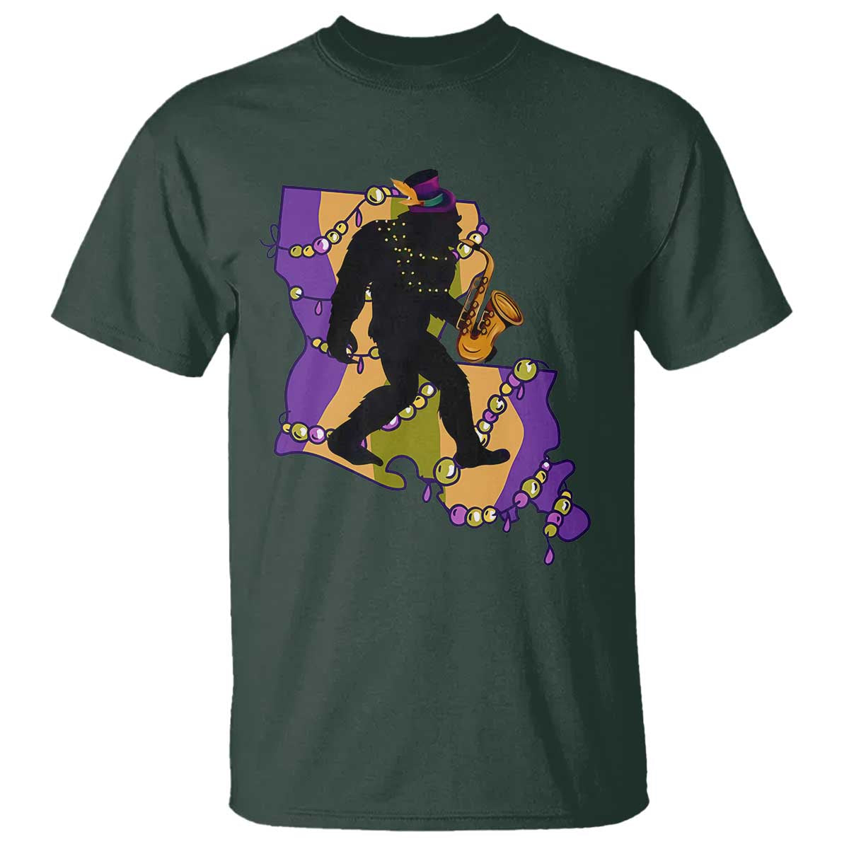 Funny Bigfoot Mardi Gras Louisiana Map Jazz Music T Shirt TS11 Dark Forest Green Print Your Wear