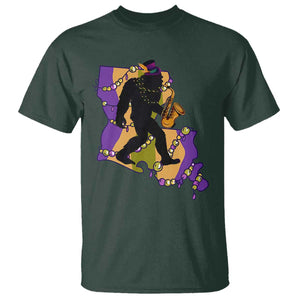 Funny Bigfoot Mardi Gras Louisiana Map Jazz Music T Shirt TS11 Dark Forest Green Print Your Wear