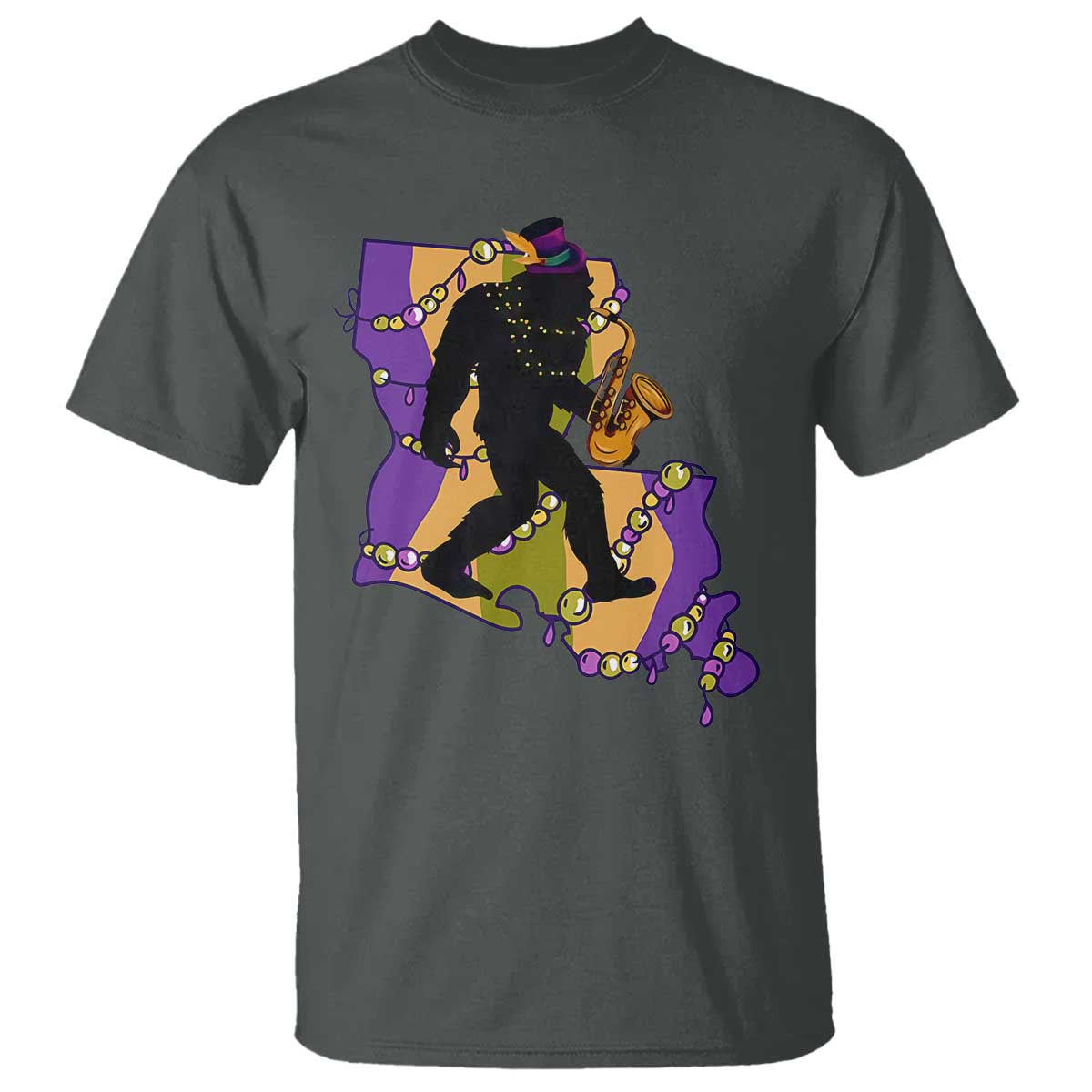 Funny Bigfoot Mardi Gras Louisiana Map Jazz Music T Shirt TS11 Dark Heather Print Your Wear