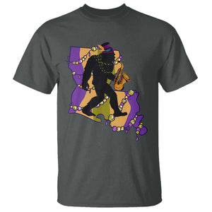 Funny Bigfoot Mardi Gras Louisiana Map Jazz Music T Shirt TS11 Dark Heather Print Your Wear