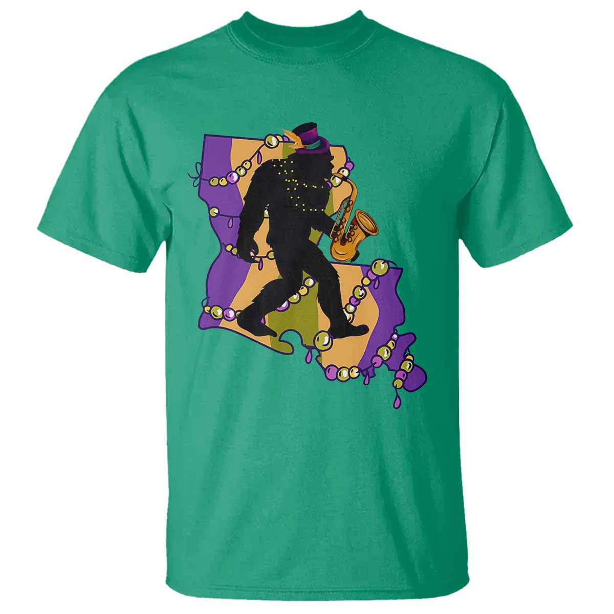 Funny Bigfoot Mardi Gras Louisiana Map Jazz Music T Shirt TS11 Irish Green Print Your Wear