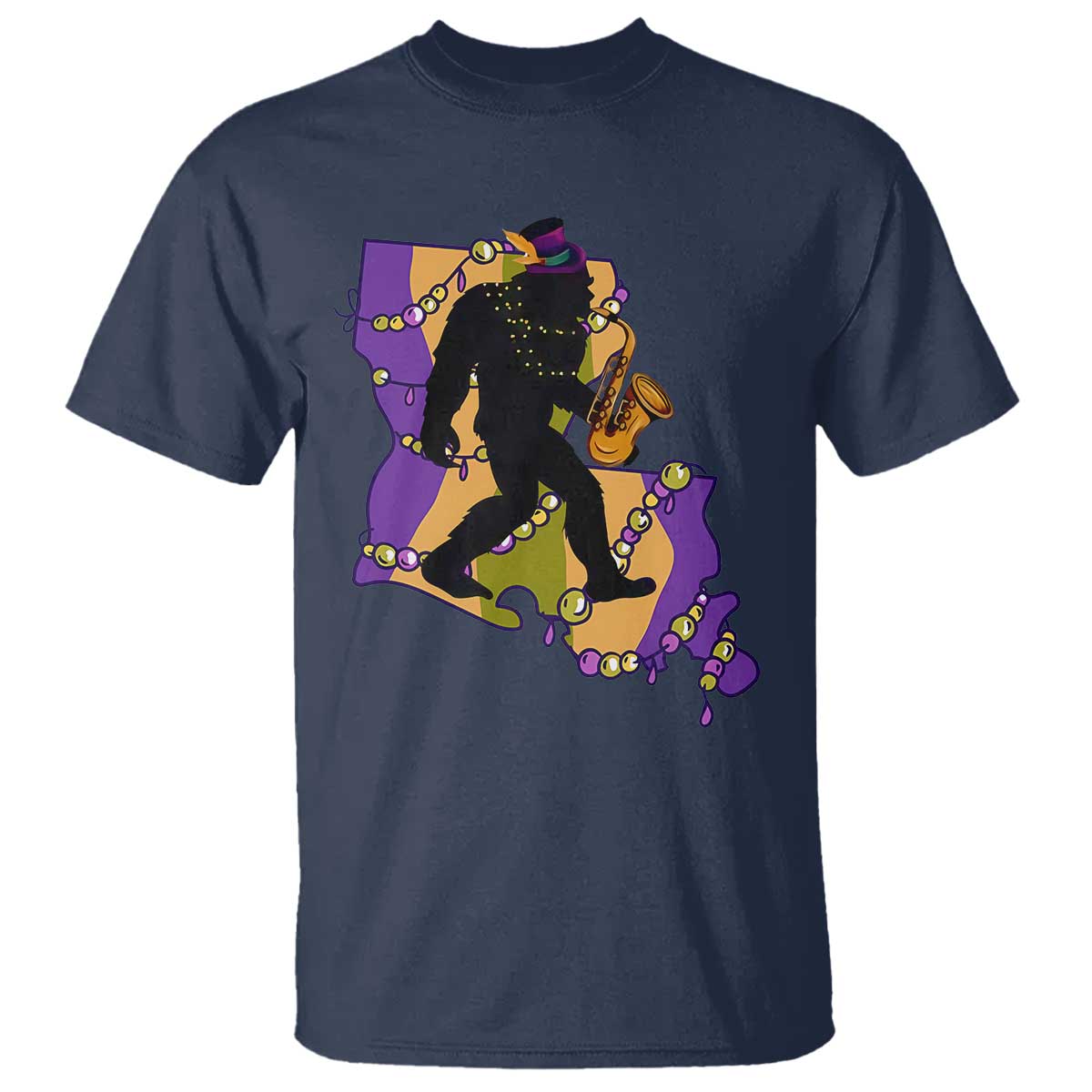 Funny Bigfoot Mardi Gras Louisiana Map Jazz Music T Shirt TS11 Navy Print Your Wear