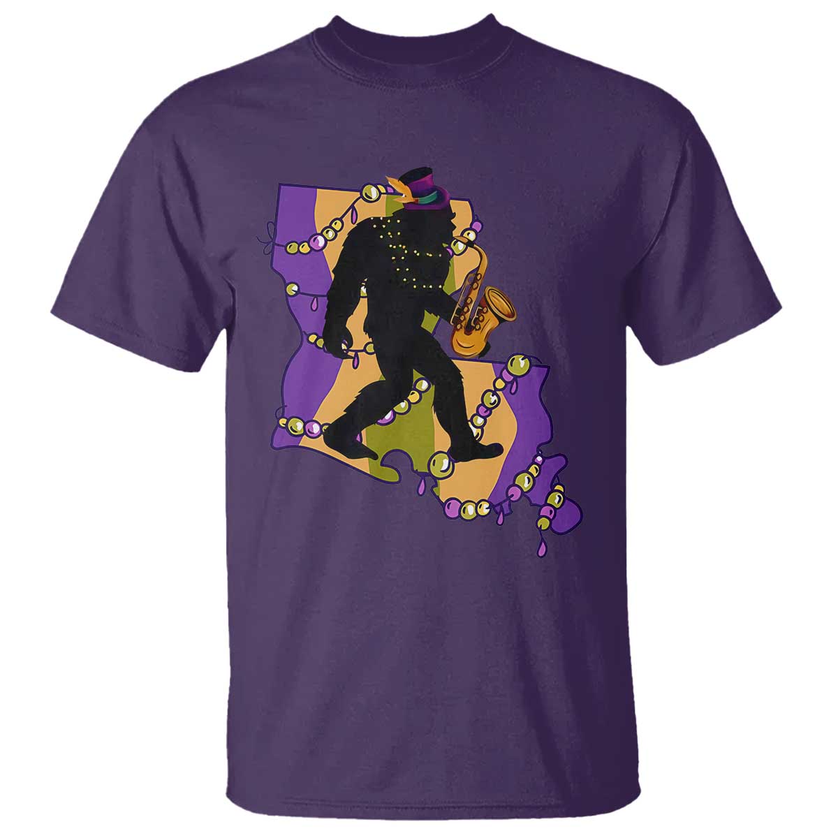 Funny Bigfoot Mardi Gras Louisiana Map Jazz Music T Shirt TS11 Purple Print Your Wear