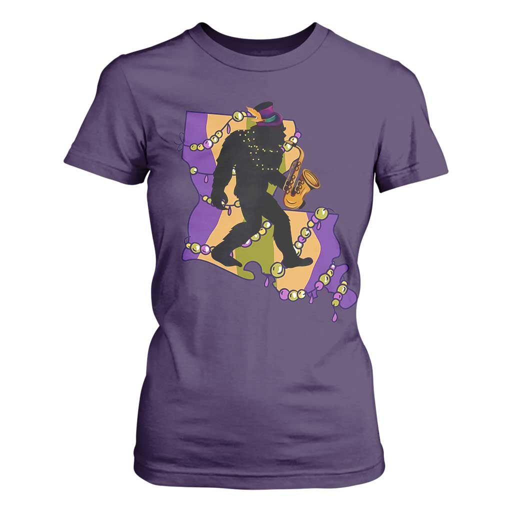 Funny Bigfoot Mardi Gras Louisiana Map Jazz Music T Shirt For Women TS11 Purple Print Your Wear