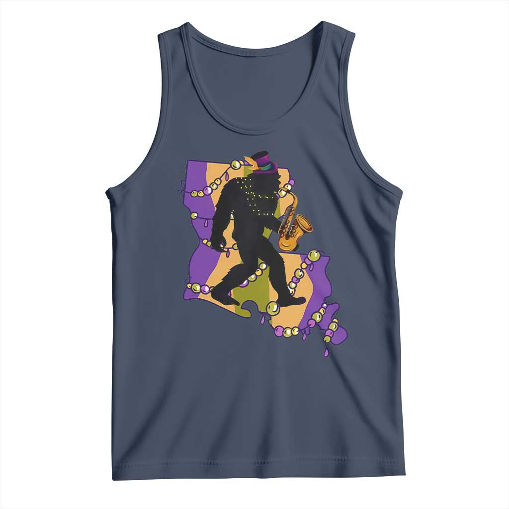 Funny Bigfoot Mardi Gras Louisiana Map Jazz Music Tank Top TS11 Navy Print Your Wear