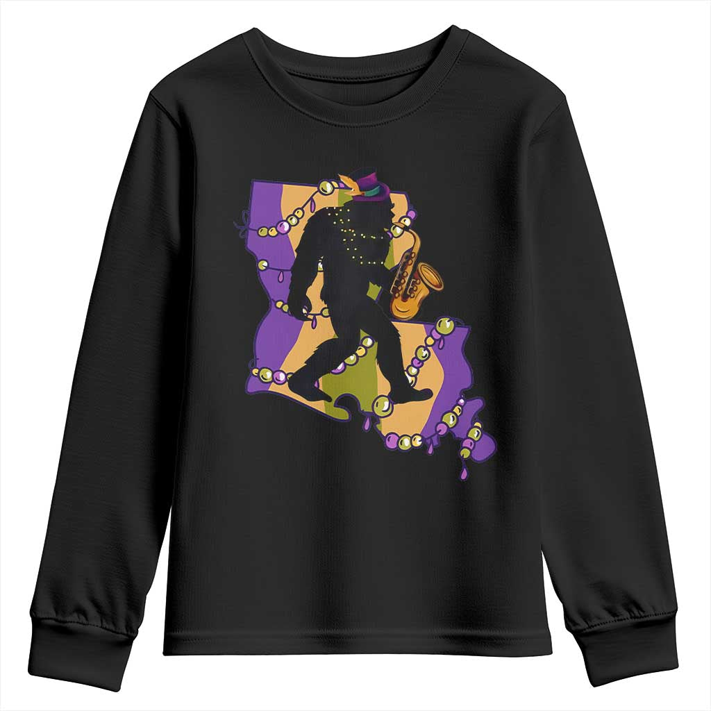 Funny Bigfoot Mardi Gras Louisiana Map Jazz Music Youth Sweatshirt TS11 Black Print Your Wear