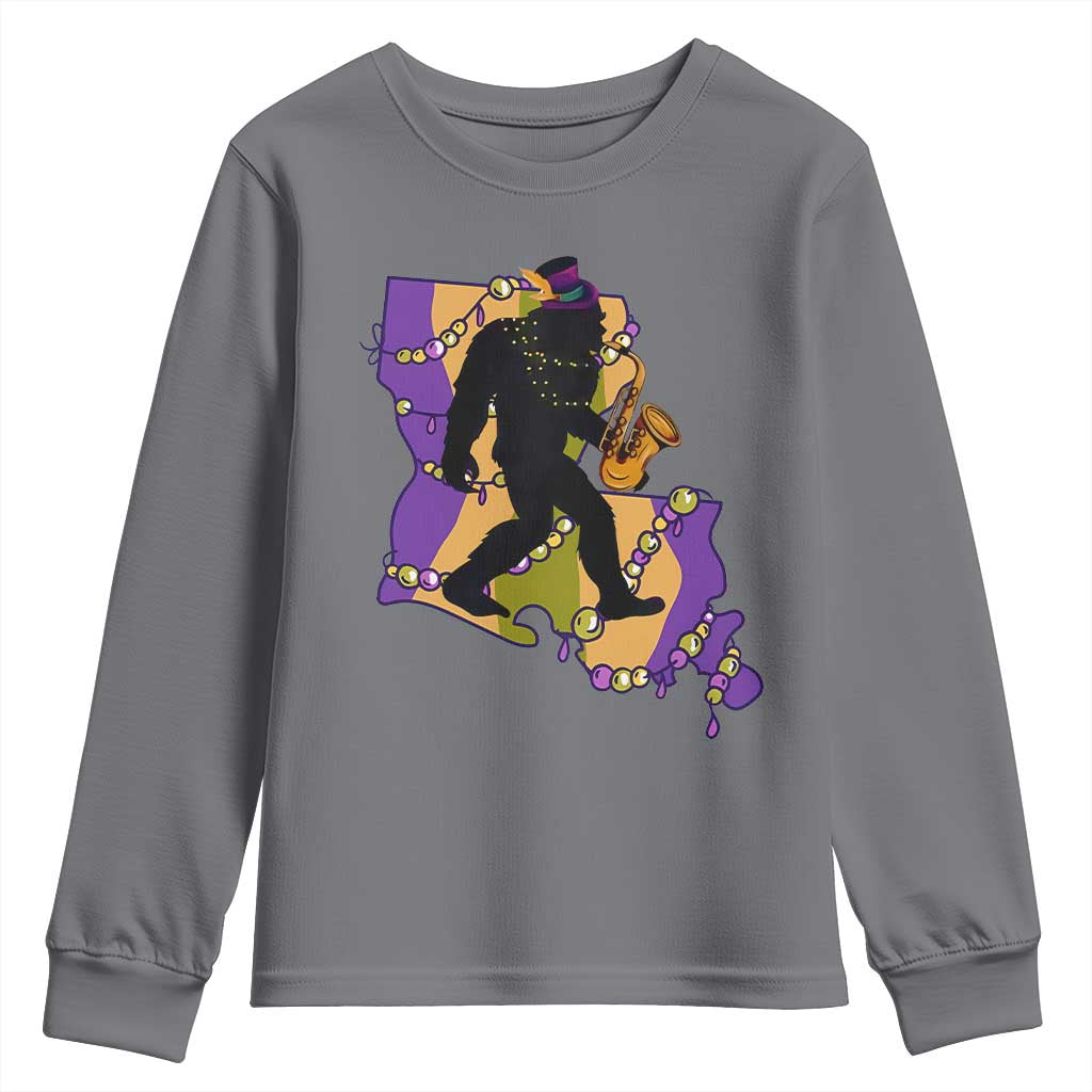 Funny Bigfoot Mardi Gras Louisiana Map Jazz Music Youth Sweatshirt TS11 Charcoal Print Your Wear