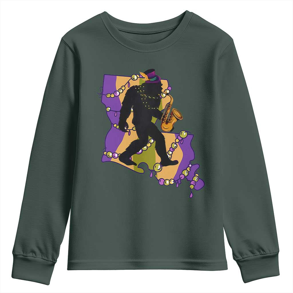 Funny Bigfoot Mardi Gras Louisiana Map Jazz Music Youth Sweatshirt TS11 Dark Forest Green Print Your Wear