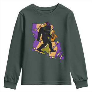 Funny Bigfoot Mardi Gras Louisiana Map Jazz Music Youth Sweatshirt TS11 Dark Forest Green Print Your Wear
