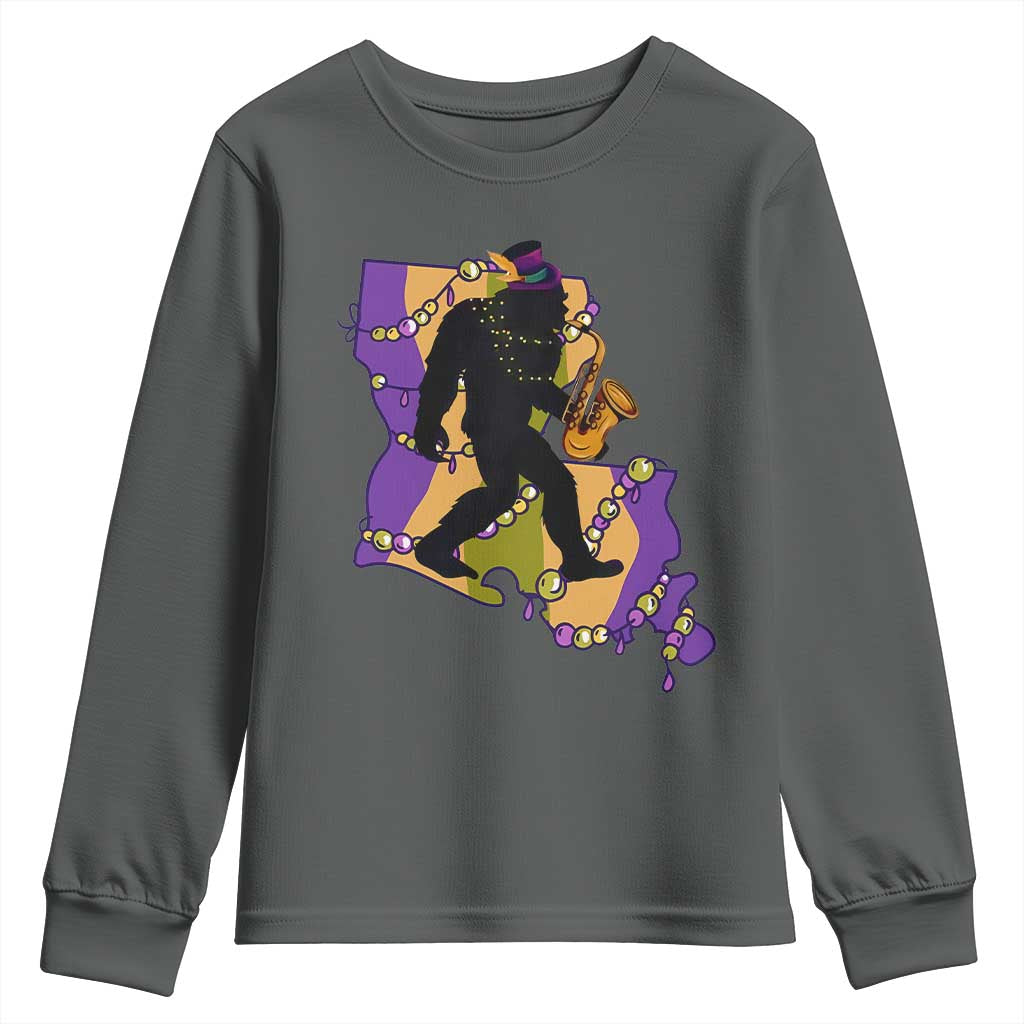 Funny Bigfoot Mardi Gras Louisiana Map Jazz Music Youth Sweatshirt TS11 Dark Heather Print Your Wear