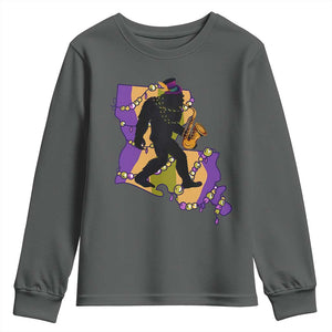 Funny Bigfoot Mardi Gras Louisiana Map Jazz Music Youth Sweatshirt TS11 Dark Heather Print Your Wear