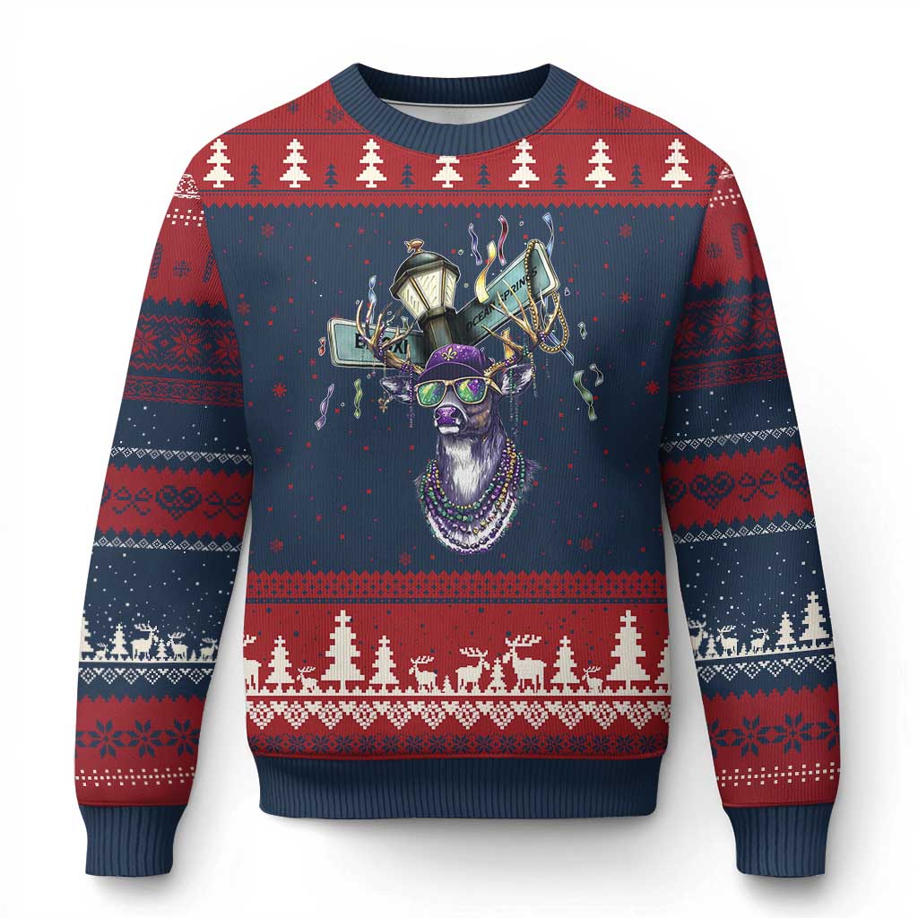 Funny Mardi Gras Mississippi Deer Ugly Christmas Sweater Biloxi Ocean Springs Carnival TS11 Navy Red Print Your Wear