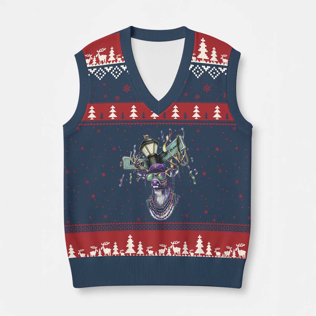 Funny Mardi Gras Mississippi Deer V-Neck Knit Sweater Vest Biloxi Ocean Springs Carnival TS11 Navy Red Print Your Wear