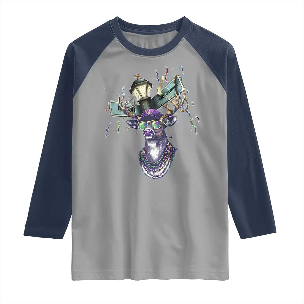 Funny Mardi Gras Mississippi Deer Raglan Shirt Biloxi Ocean Springs Carnival TS11 Sport Gray Navy Print Your Wear