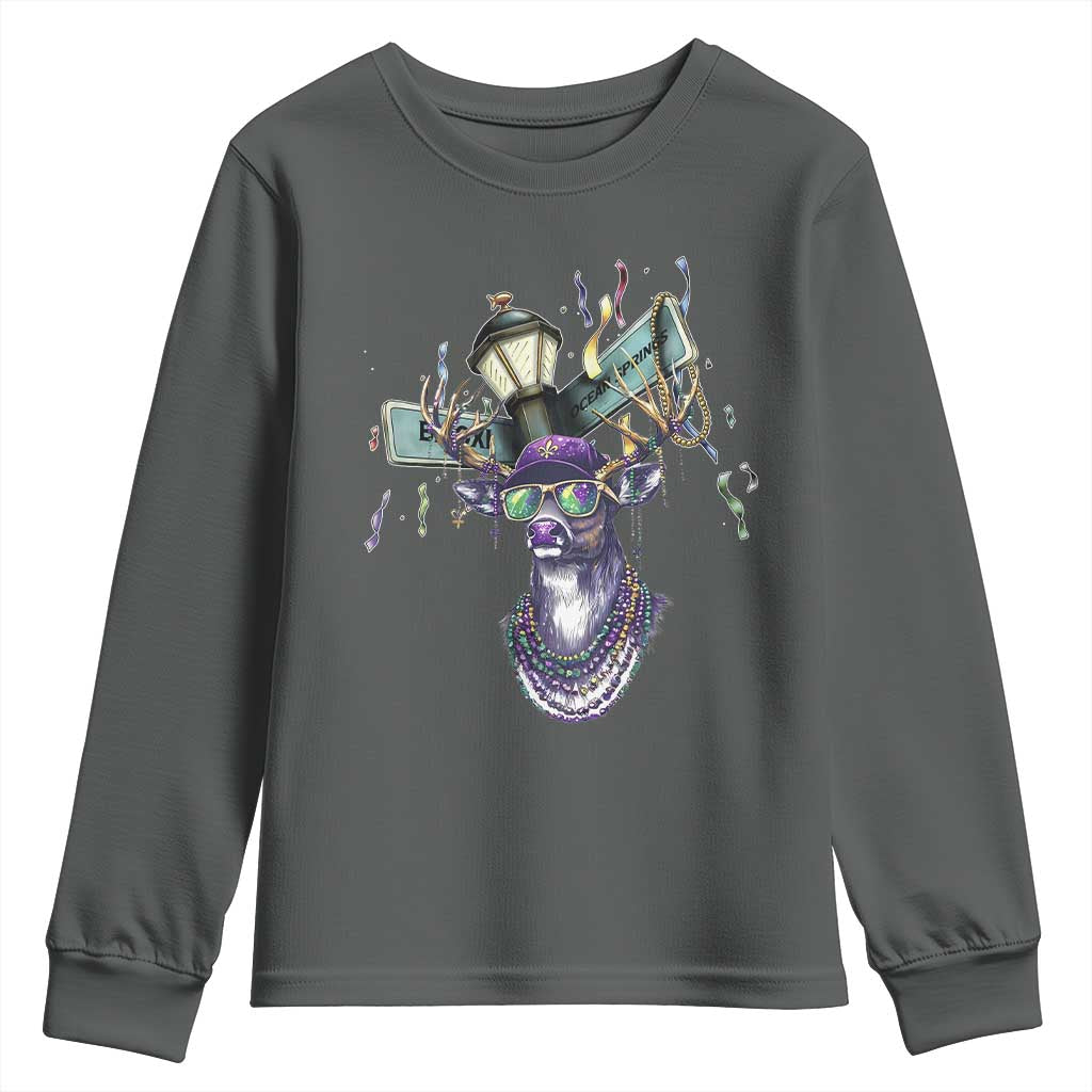 Funny Mardi Gras Mississippi Deer Youth Sweatshirt Biloxi Ocean Springs Carnival TS11 Dark Heather Print Your Wear