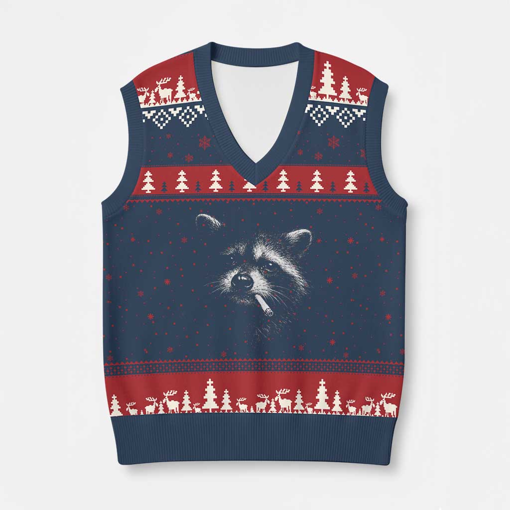 Funny Raccoon Smoking Cigarette Meme V-Neck Knit Sweater Vest Trash Panda Face Y2K Graphic TS11 Navy Red Print Your Wear