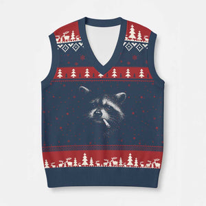 Funny Raccoon Smoking Cigarette Meme V-Neck Knit Sweater Vest Trash Panda Face Y2K Graphic TS11 Navy Red Print Your Wear
