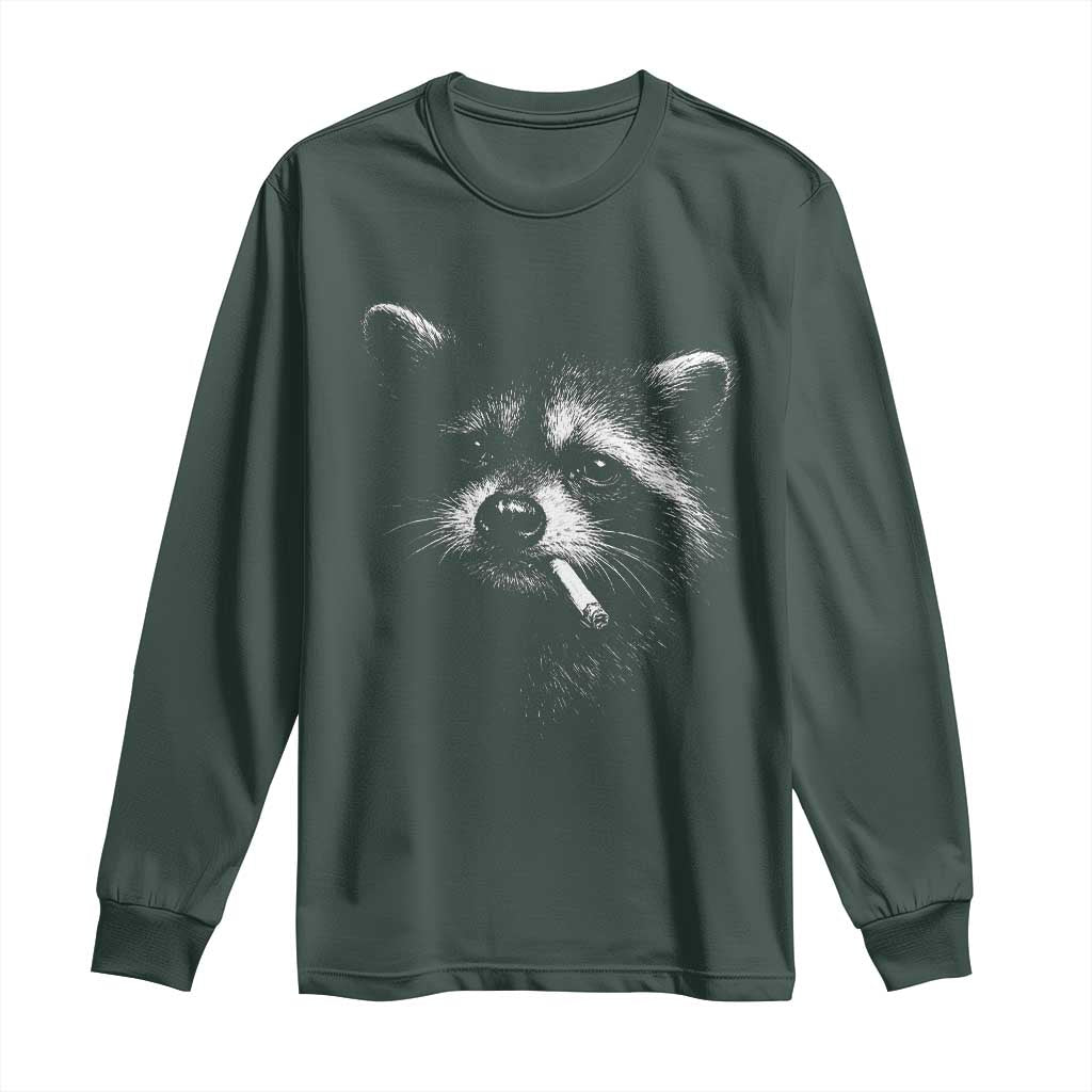 Funny Raccoon Smoking Cigarette Meme Long Sleeve Shirt Trash Panda Face Y2K Graphic TS11 Dark Forest Green Print Your Wear