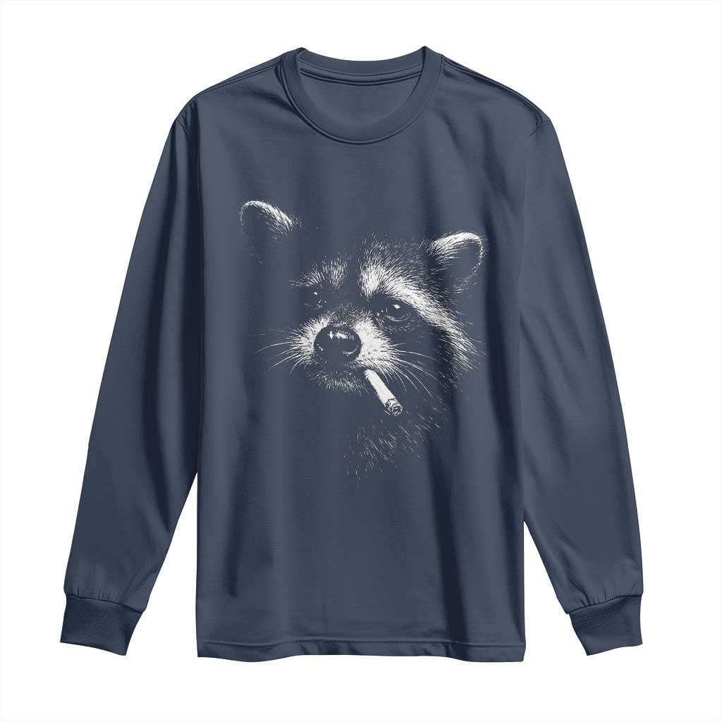 Funny Raccoon Smoking Cigarette Meme Long Sleeve Shirt Trash Panda Face Y2K Graphic TS11 Navy Print Your Wear