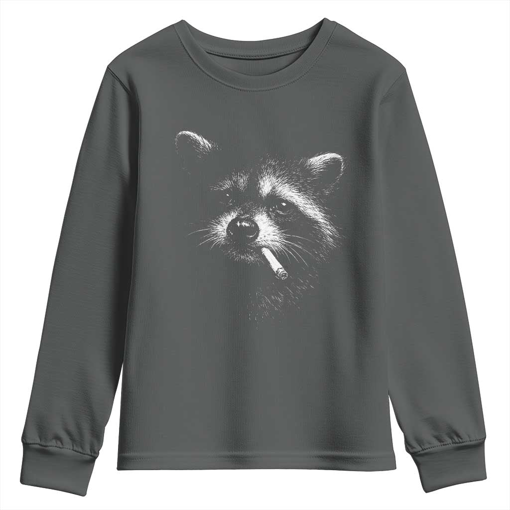 Funny Raccoon Smoking Cigarette Meme Youth Sweatshirt Trash Panda Face Y2K Graphic TS11 Dark Heather Print Your Wear