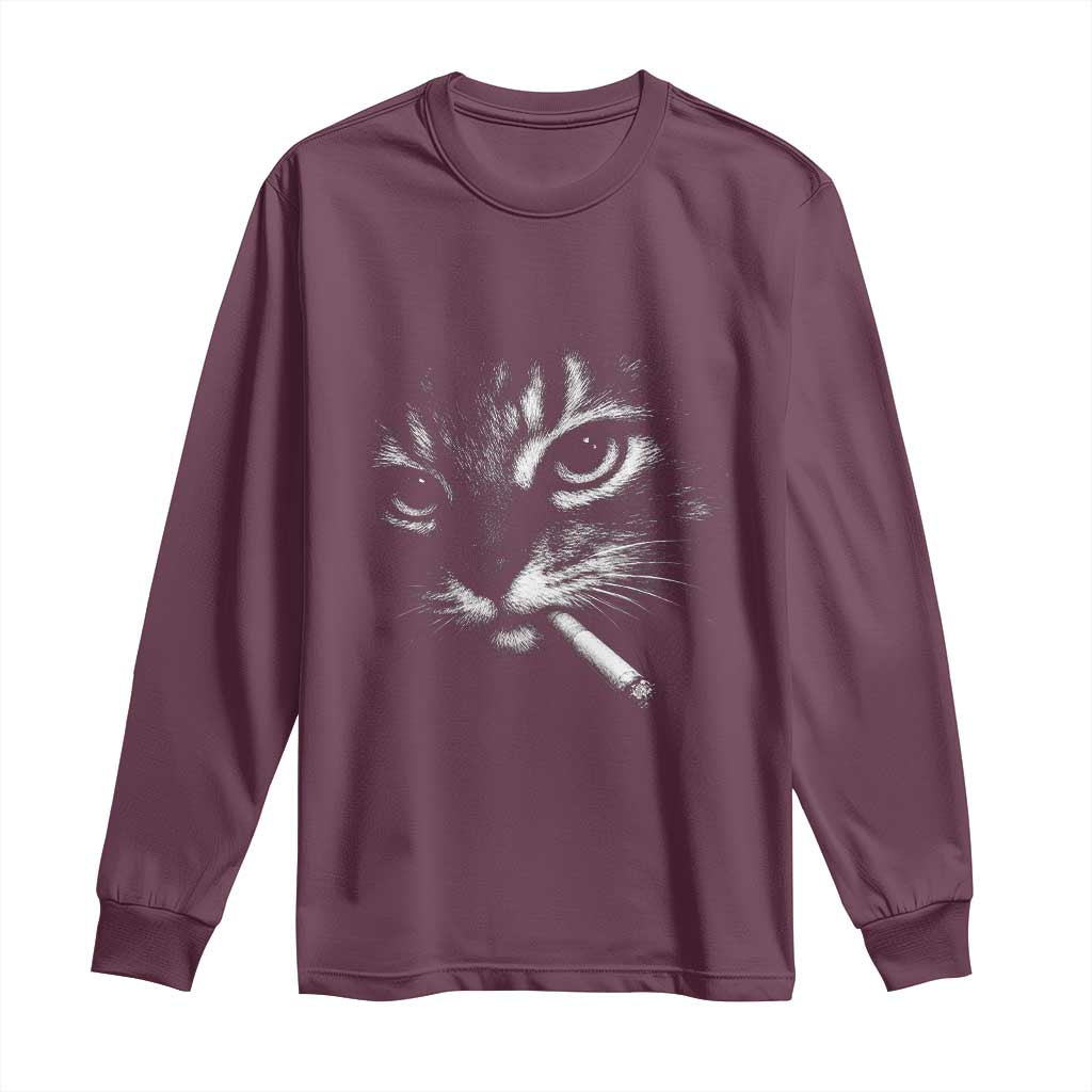 Funny Cat Smoking Cigarette Meme Long Sleeve Shirt Cat Face Y2K Graphic TS11 Maroon Print Your Wear