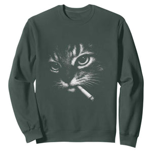 Funny Cat Smoking Cigarette Meme Sweatshirt Cat Face Y2K Graphic TS11 Dark Forest Green Print Your Wear