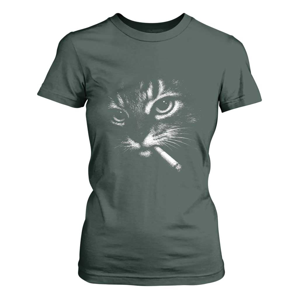Funny Cat Smoking Cigarette Meme T Shirt For Women Cat Face Y2K Graphic TS11 Dark Forest Green Print Your Wear